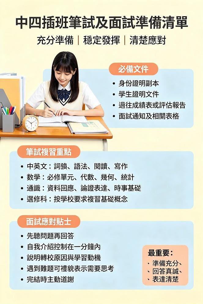 中四插班筆試及面試準備清單